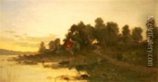 Landskap Med Byggnad Vid Vattendrag Oil Painting - Arvid Mauritz Lindstroem