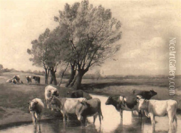 Cattle Watering By A Stream, A Village Beyond Oil Painting - William Sidney Cooper