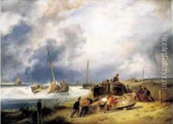 Pecheurs Sur La Greve. Oil Painting - Wijnandus Johannes Josephus Nuijen