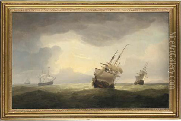 A Naval Squadron In A Swell, 
With A Frigate, H.m.s. Minerva, In Theforeground Bearing Away On A 
Southerly Course Oil Painting - Thomas Whitcombe