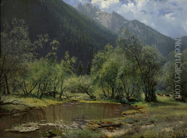 Sommerliche Gebirgslandschaft Mit Waldweiher Oil Painting - Robert Schultze