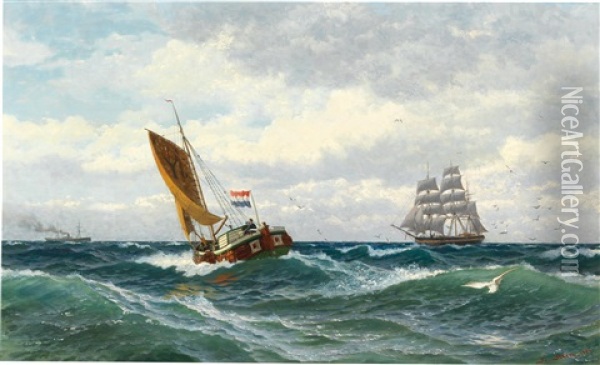 Fishing Boats Meeting On The High Seas Oil Painting - Friedrich Ludwig Christian Sturm