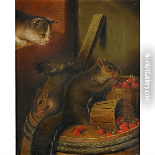 A Cat Watching Squirrels Oil Painting - Susan Catherine Waters