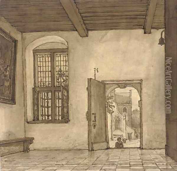 The interior of a house, with an open door showing the street beyond Oil Painting - Gerrit Lamberts