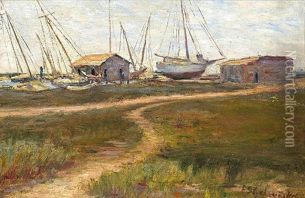 The Boat Yard, Thought To Be Oakland Estuary Oil Painting - Slater Frances Gelwicks