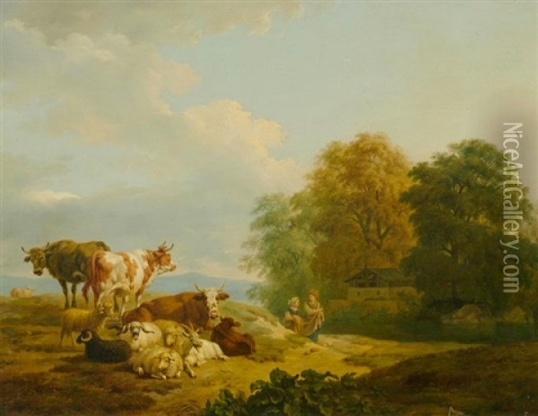 Landschaft Mit Tieren Und Zwei Figuren Oil Painting - Pierre Louis De La Rive