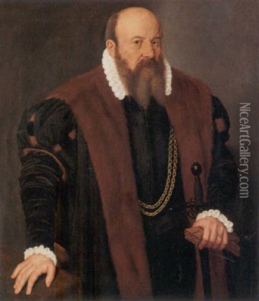 Portrait Of Andreas Imhoff Wearing A Fur-lined Mantle And Holding A Pair Of Gloves And A Sword Oil Painting - Nicolas Neufchatel