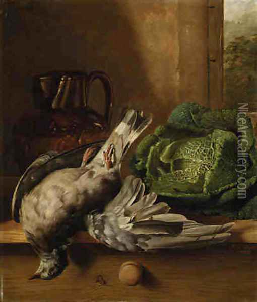 Still Life of Game, Copper Urn and Cabbage on a Wooden Ledge Oil Painting - Henry George Todd