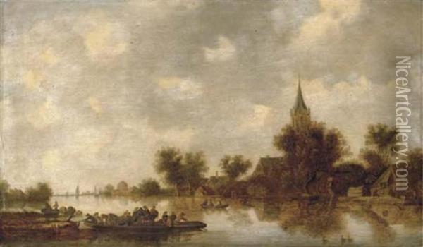 A River Landscape With A Ferry Crossing Oil Painting - Jan van Goyen