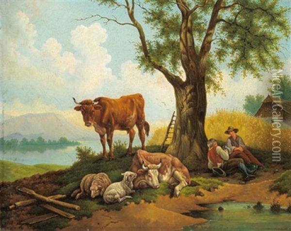 Des Landmanns Mittagsruhe Oil Painting - Friedrich Gauermann