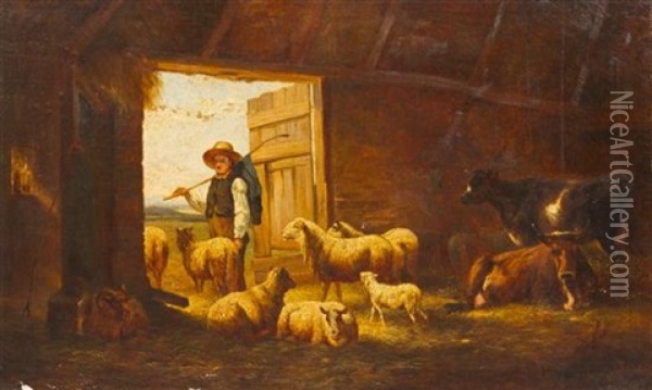 Shepherd And Sheep In Stable Oil Painting - Henry Lot