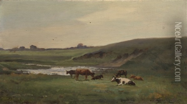 Cows In A Pasture Oil Painting - Vladimir Donatovitch Orlovsky