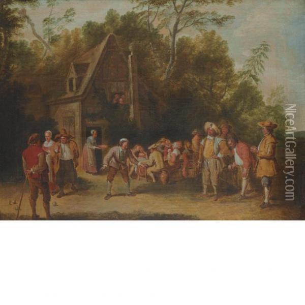 A Game Of Lawn Bowling Before A Tavern Oil Painting - David The Younger Teniers