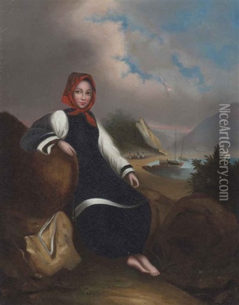 A Tanka Boat Girl Seated On An Idealized Shore (+ A Companion; 2 Works) Oil Painting - George Chinnery
