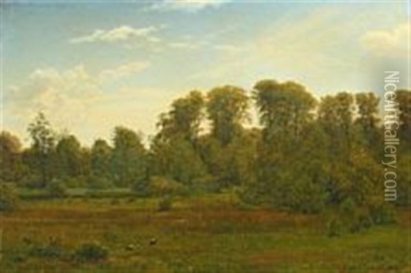 Meadow Landscape With Storks Oil Painting - Gotfred Christian Rump