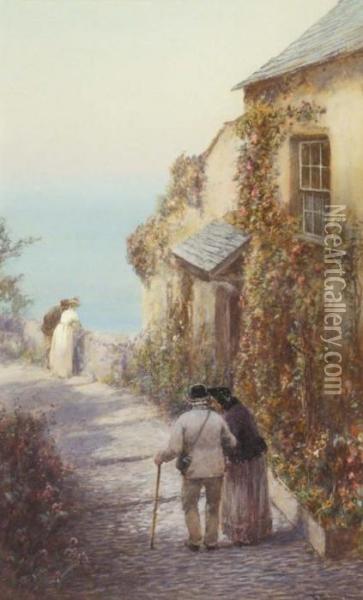 Figures Strollingbefore Clifftop Cottages Oil Painting - John White