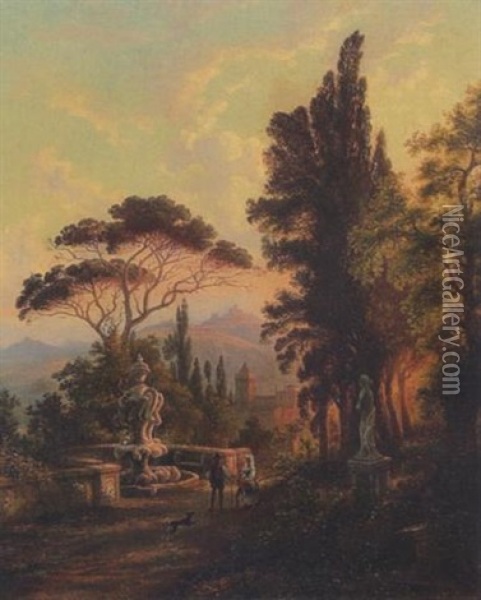 Sudliche Landschaft Mit Brunnen Und Figurengruppe Im Abendlicht Oil Painting - Henry Jackel