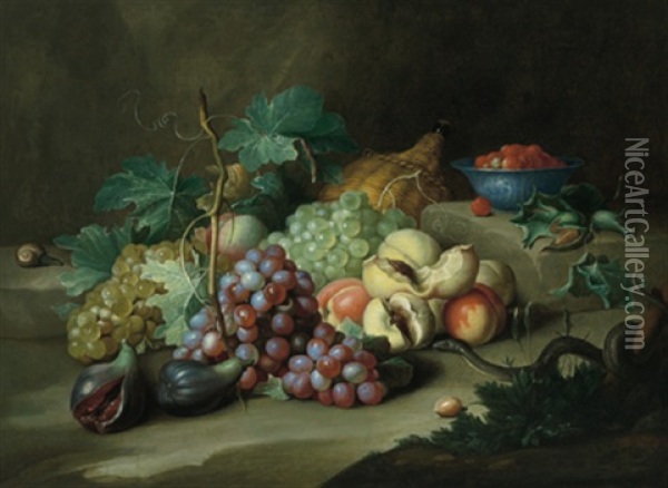 Stillleben Mit Weintrauben, Feigen, Pfirsichen, Erdbeeren Und Einer Korbflasche Oil Painting - Alexander Coosemans