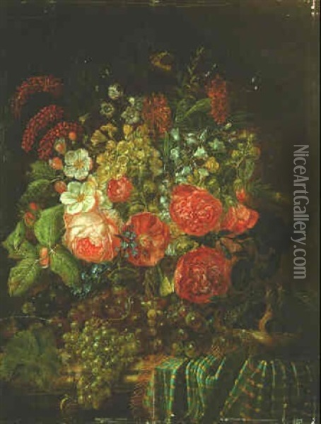 Nature Morte Au Bouquet De Fleurs, Raisins Et Nid D'oiseau Sur Un Entablement Oil Painting - Johannes Hendrik Fredriks