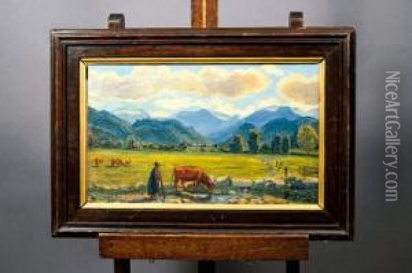 Bergere Et Troupeau A La Riviere Oil Painting - Maurice Busset