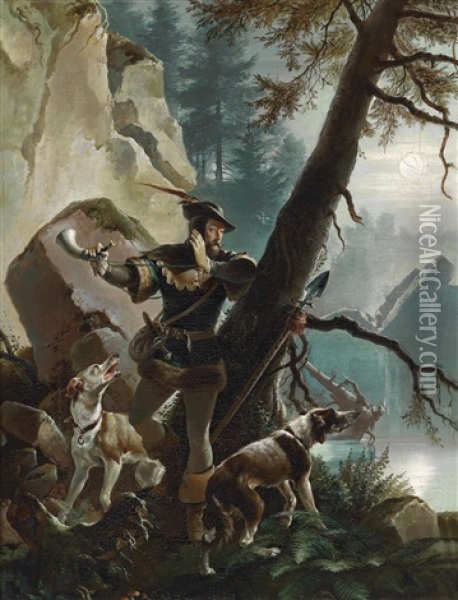 Jager In Einer Mondnacht Oil Painting - Georg (Christian Joh. G.) Perlberg