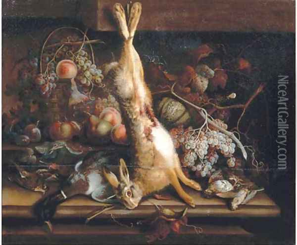 Still life of game and fruits on a stone ledge Oil Painting - William Sartorius