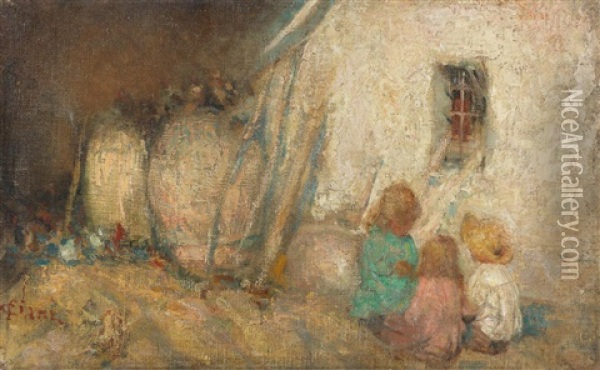Children By A Farm Cottage Oil Painting - Cesare Ciani