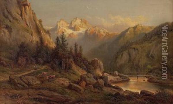 Gebirgslandschaft Mit Fluss Und Figurenstaffage Oil Painting - Edmund Hod