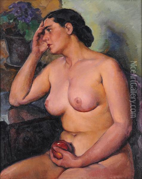 Nudo Femminile Con Mela Oil Painting - Pieretto Bortoluzzi Bianco