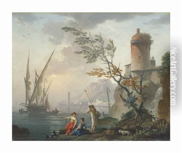A Mediterranean Seaport With Figures By A Fortified Tower And A Ship At Anchor, A Mountain Beyond Oil Painting - Charles Francois Lacroix