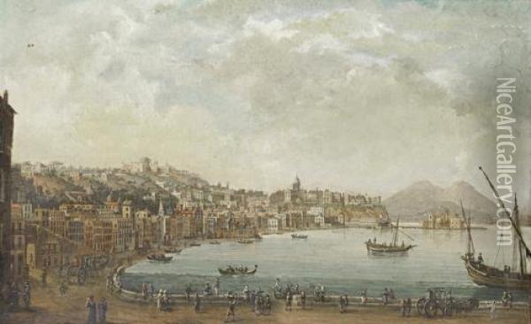 Naples And The Riviera Di Chiaia From Theconvento Di Sant'antonio, With Mount Vesuvius In The Distance Oil Painting - Pietro Antoniani
