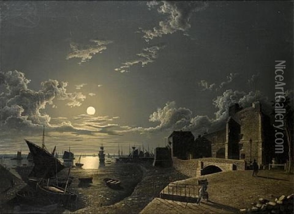 Harbor Scene At Moonlight Oil Painting - Henry Pether