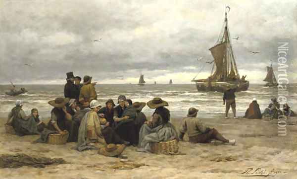 The arrival of the fleet fisher-folk on the beach Oil Painting - Philippe Lodowyck Jacob Sadee