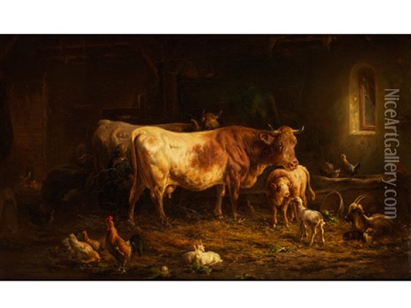 Stallinneres Mit Zwei Kuhen, Schafen, Zicklein, Huhnern Und Kaninchen Oil Painting - Louis (Ludwig) Reinhardt