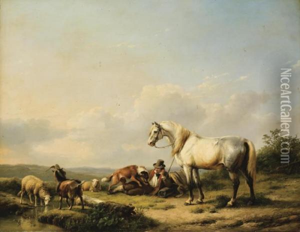 Le Repos Du Cavalier Oil Painting - Eugene Joseph Verboeckhoven