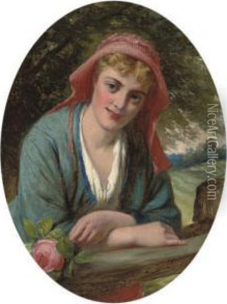 A Maiden With A Rose Oil Painting - Edward Charles Barnes