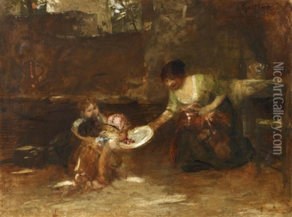 Kirschenessen. Mutter Mit Ihren Kindern In Der Kuche Oil Painting - Hermann Kaulbach