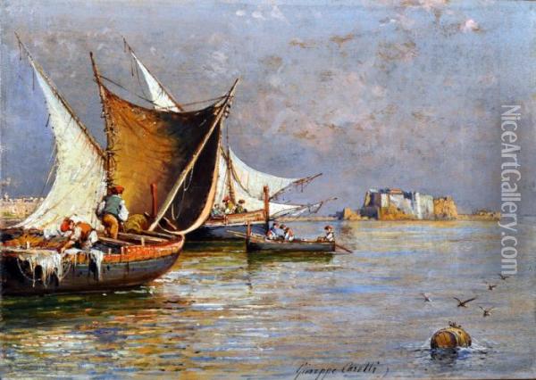 Marina Con Barche E Pescatori Oil Painting - Giuseppe Carelli