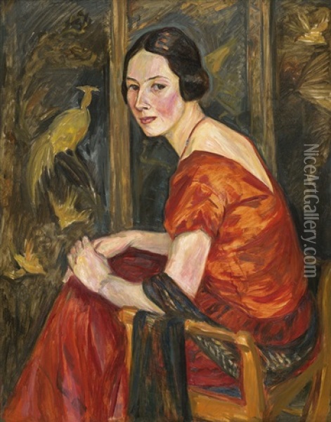 Dame Vor Einem Paravent Sitzend Oil Painting - Karl Scheld