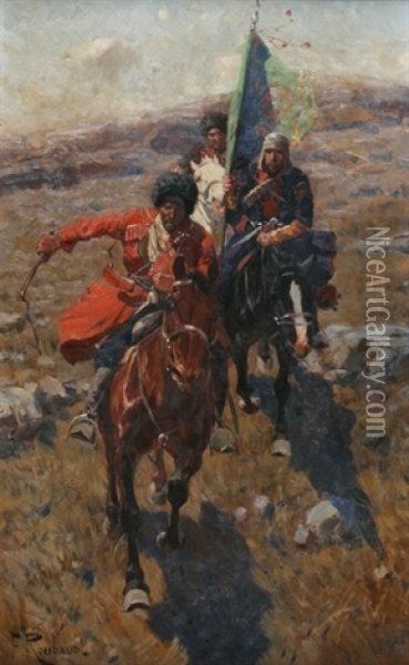 Drei Tscherkessen-reiter Im Galopp Vor Steppenlandschaft, Der Eine Das Banner Tragend Oil Painting - Franz Roubaud