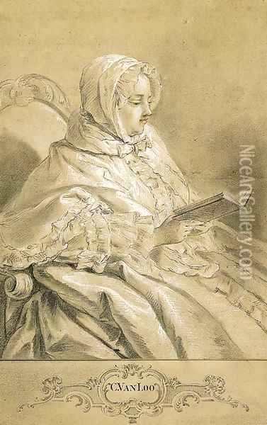 A seated lady wearing a bonnet, reading Oil Painting - Carle van Loo
