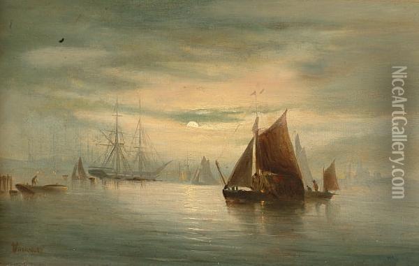 Shipping At Sunset Oil Painting - William A. Thornley Or Thornber
