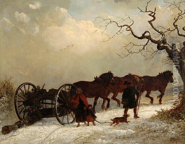 Figures Beside Horses And Cart, In A Winter Landscape Oil Painting - Thomas Smythe
