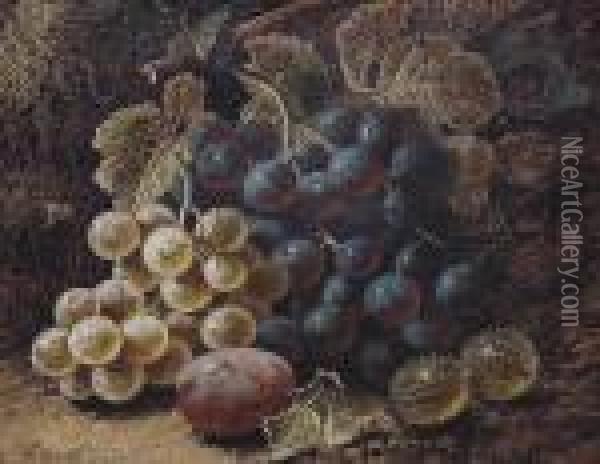 Still Life Of Grapes, Gooseberries And A Plum On A Mossy Bank Oil Painting - Oliver Clare