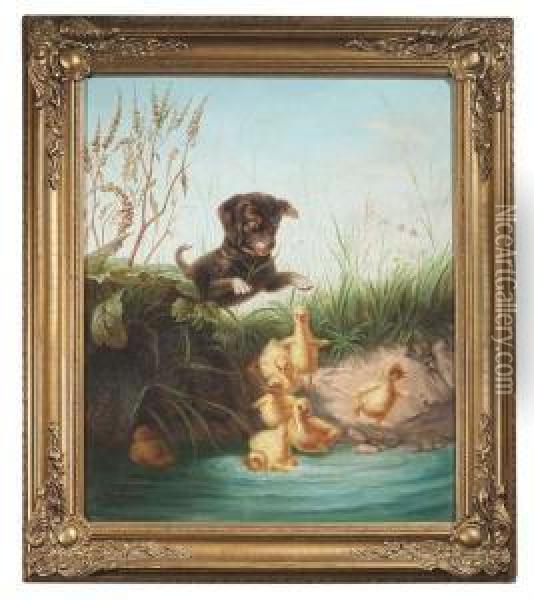 A Young Dog Is Hunting Poults Oil Painting - Ludwig Hartmann