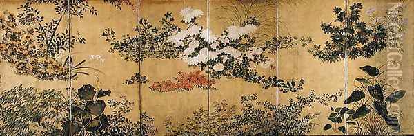 Six-Fold Screen depicting Flowering Plants in the Four Seasons, early Edo Period Oil Painting - Nonomura Sotatsu