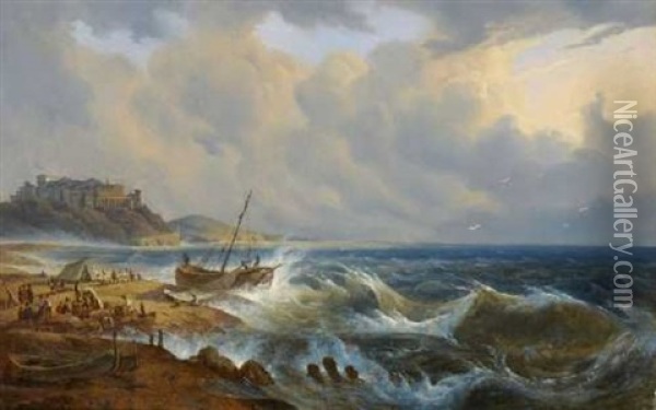 Sudliche Meereskuste Bei Sturmisch Bewegter See Oil Painting - Johann Nepomuk Ott