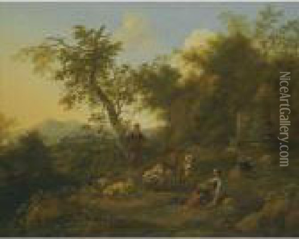 A Pastoral Landscape With A Peasant Girl Milking And A Shepherdplaying The Flute Beyond Oil Painting - Nicolaes Berchem