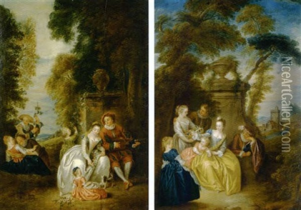 La Belle Bouquetiere (+ L'agreable Societe; 2 Works) Oil Painting - Jean-Baptiste Pater