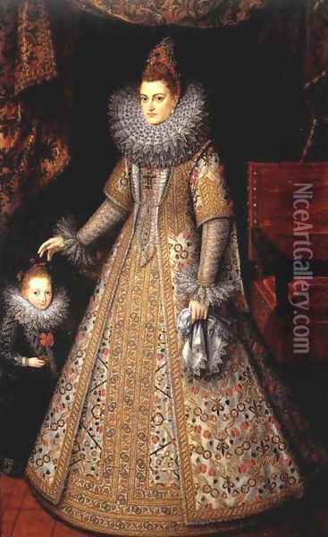 Portrait of Isabella Clara Eugenia of Austria with her Dwarf c. 1599 Oil Painting - Frans Pourbus the younger